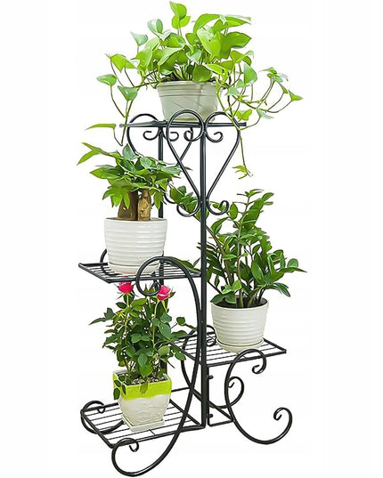 Juodas metalinis gėlių stovas su 4 lentynomis, vazonams ir augalams, lofto stiliaus