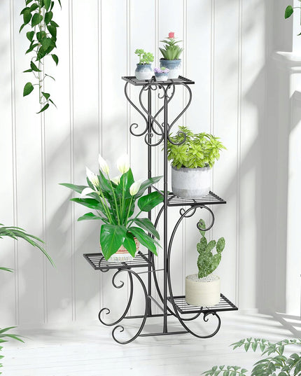 Juodas metalinis gėlių stovas su 4 lentynomis, vazonams ir augalams, lofto stiliaus