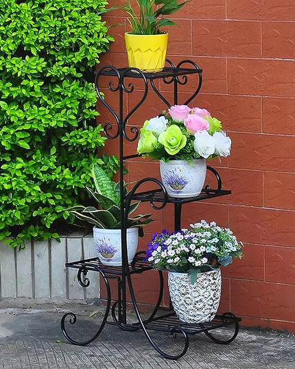 Juodas metalinis gėlių stovas su 4 lentynomis, vazonams ir augalams, lofto stiliaus