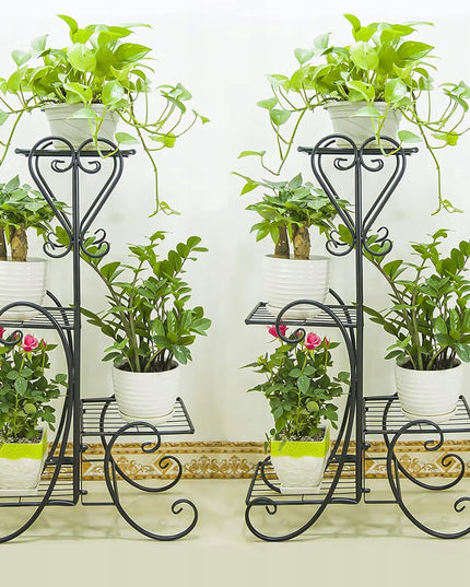Juodas metalinis gėlių stovas su 4 lentynomis, vazonams ir augalams, lofto stiliaus