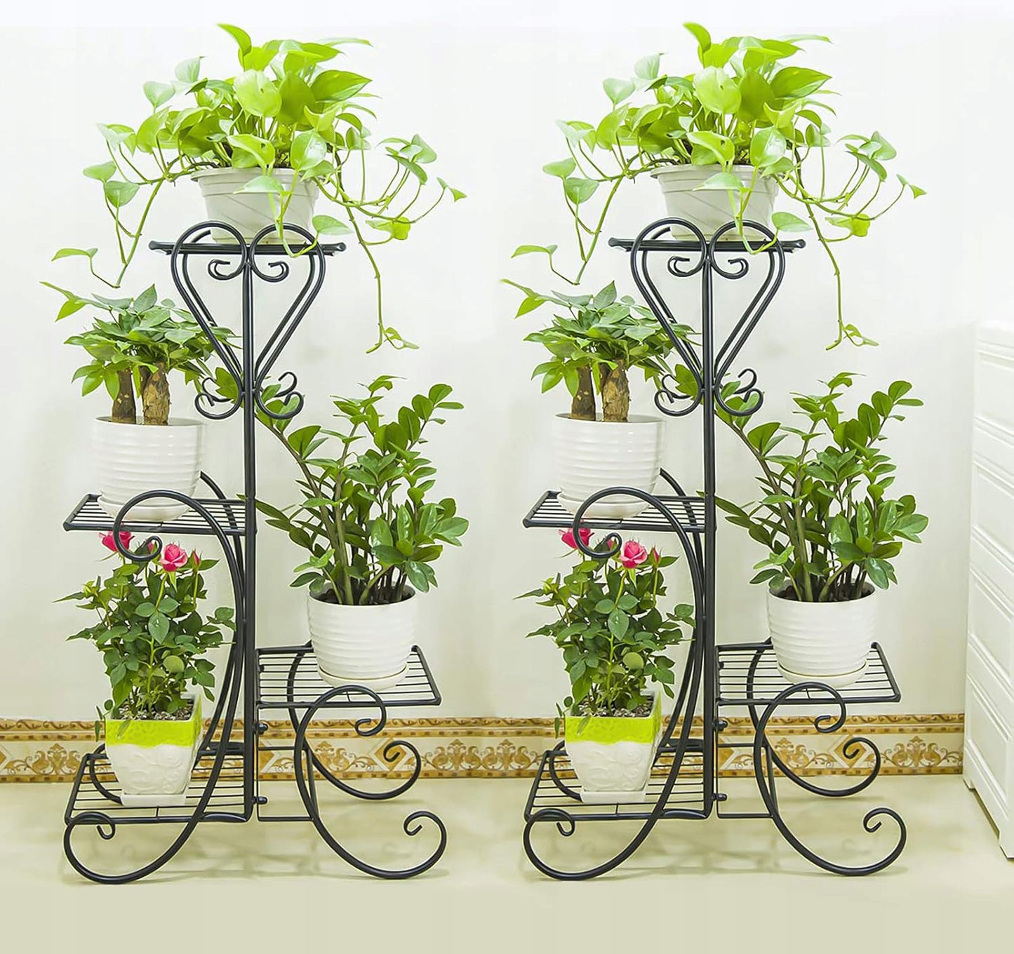 Juodas metalinis gėlių stovas su 4 lentynomis, vazonams ir augalams, lofto stiliaus
