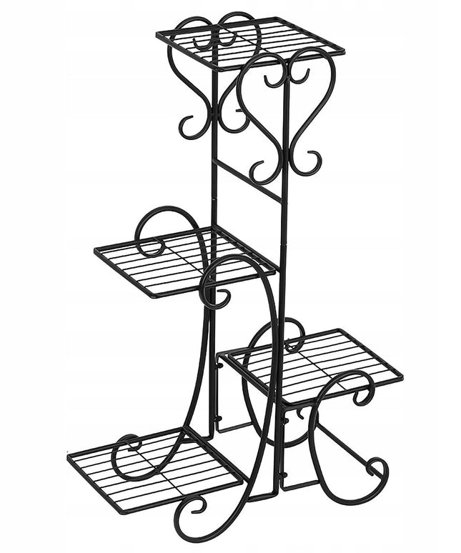Juodas metalinis gėlių stovas su 4 lentynomis, vazonams ir augalams, lofto stiliaus