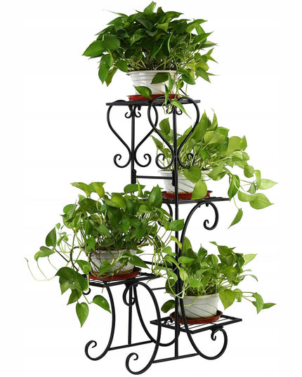Juodas metalinis gėlių stovas su 4 lentynomis, vazonams ir augalams, lofto stiliaus