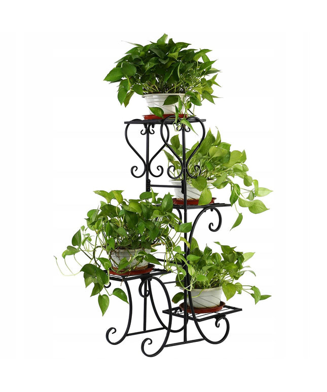 Juodas metalinis gėlių stovas su 4 lentynomis, vazonams ir augalams, lofto stiliaus
