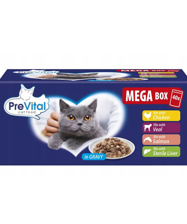 Šlapias maistas katėms PreVital, pakeliai, skonių mišinys padaže, megabox, 40 vnt. x 100g