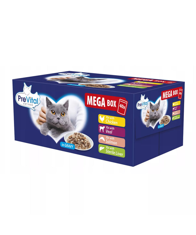 Šlapias maistas katėms PreVital, pakeliai, skonių mišinys padaže, megabox, 40 vnt. x 100g