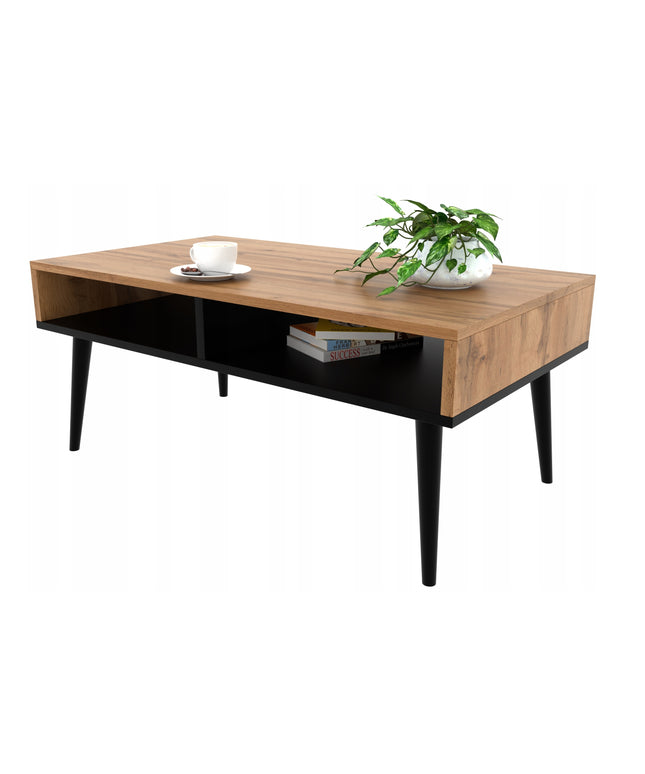 Kavos staliukas 90cm x 50cm x 45cm. - Ąžuolo spalvos su juodomis kojomis.