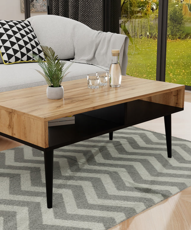 Kavos staliukas 90cm x 50cm x 45cm. - Ąžuolo spalvos su juodomis kojomis.