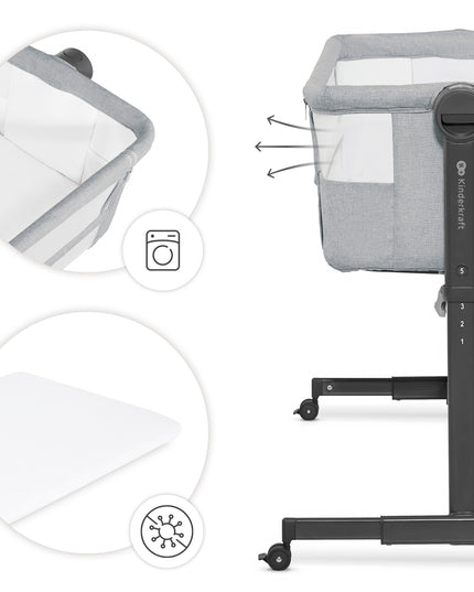 Kinderkraft vaikiškas kelioninis lopšys šalia lovos NESTEE UP 2 šviesiai pilkas