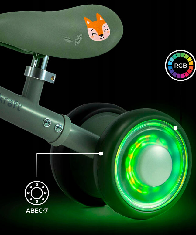 Kinderkraft Balansinis dviratukas CUTIE FLASH su keturiais šviečiančiais ratais, žalias