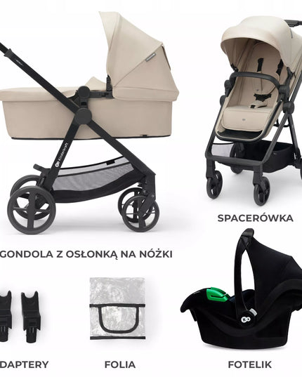 Kinderkraft daugiafunkcis vežimėlis 3in1 NEWLY su lopšiu ir MINK PRO automobiline kėdute, smėlio spalvos