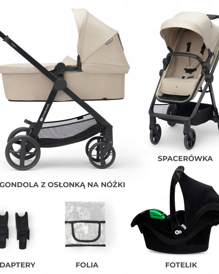 Kinderkraft Daugiafunkcis vežimėlis 3in1 su lopšiu NEWLY ir autokėdute MINK PRO, smėlio spalvos