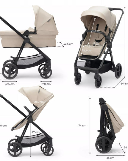 Kinderkraft daugiafunkcis vežimėlis 3in1 NEWLY su lopšiu ir MINK PRO automobiline kėdute, smėlio spalvos