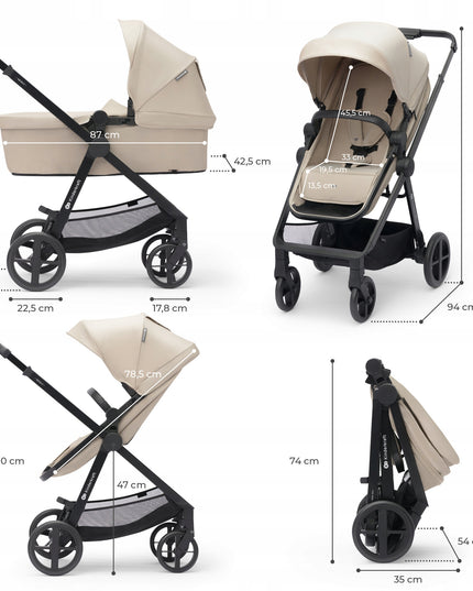 Kinderkraft Daugiafunkcis vežimėlis 3in1 su lopšiu NEWLY ir autokėdute MINK PRO, smėlio spalvos