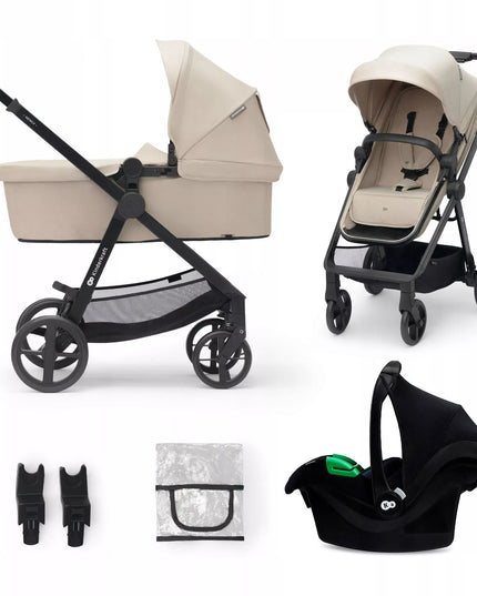 Kinderkraft daugiafunkcis vežimėlis 3in1 NEWLY su lopšiu ir MINK PRO automobiline kėdute, smėlio spalvos