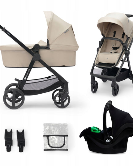 Kinderkraft Daugiafunkcis vežimėlis 3in1 su lopšiu NEWLY ir autokėdute MINK PRO, smėlio spalvos