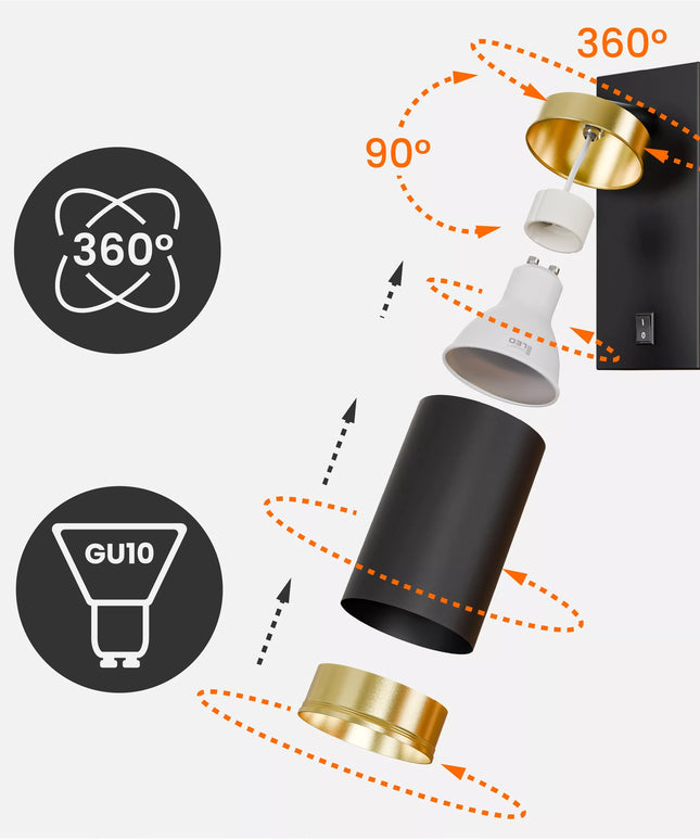 Sieninis LED šviestuvas Smartled GU10 su jungikliu, juodas/auksinis