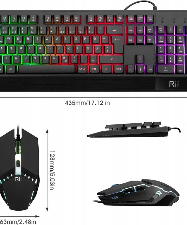 Rii RK400 žaidimų klaviatūra ir pelė, RGB apšvietimas, laidinis rinkinys, QWERTZ