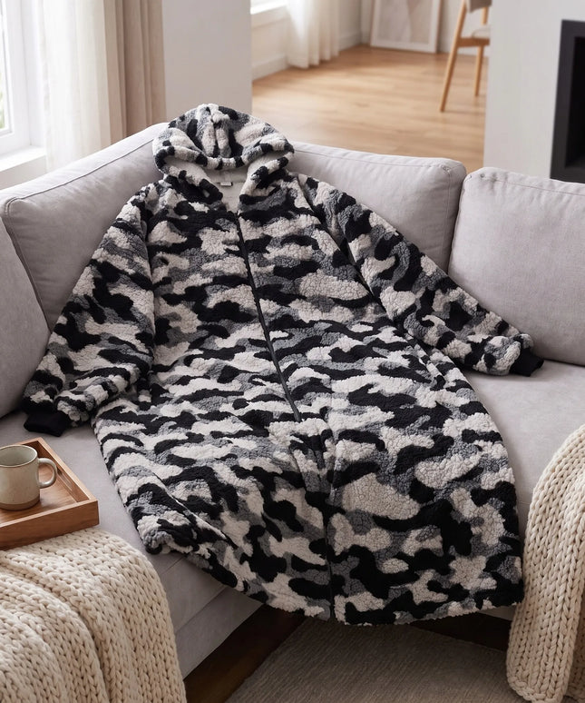 Ilgas, šiltas ir minkštas oversize stiliaus pledo džemperis su gobtuvu, kamufliažinis, unisex