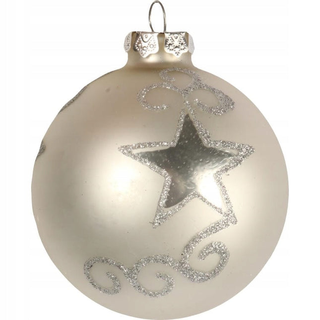 Komplektas 6 Sidabriniai Stikliniai Eglutės Žaisliukai, Blizgūs ir Matiniai, su Blizgučiais, 8 cm, Šventiniai