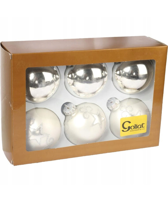 Komplektas 6 Sidabriniai Stikliniai Eglutės Žaisliukai, Blizgūs ir Matiniai, su Blizgučiais, 8 cm, Šventiniai