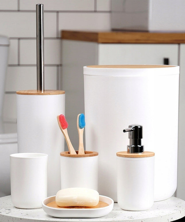 Vonios komplektas: WC šepetys, šiukšliadėžė, dozatorius, puodelis, stovas