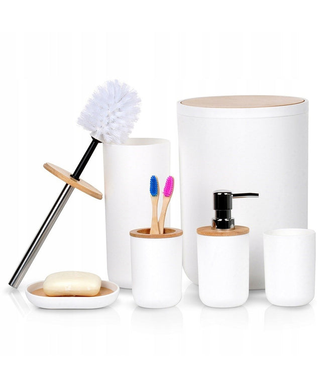 Vonios komplektas: WC šepetys, šiukšliadėžė, dozatorius, puodelis, stovas