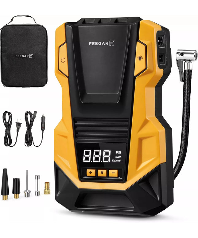 Automobilinis kompresorius 12V 230V Feegar, nešiojama oro pompa padangoms su LED