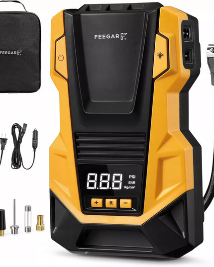 Automobilinis kompresorius 12V 230V Feegar, nešiojama oro pompa padangoms su LED