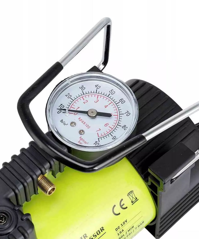Carmotion 12V stūmoklinis oro kompresorius, 11 BAR, 35 l/min, analoginis manometras