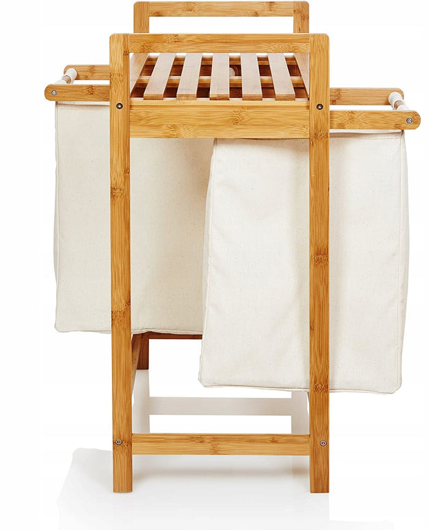 Bambukinė skalbinių dėžė su lentyna, dviejų skyrių, 73x64x33, smėlio spalvos