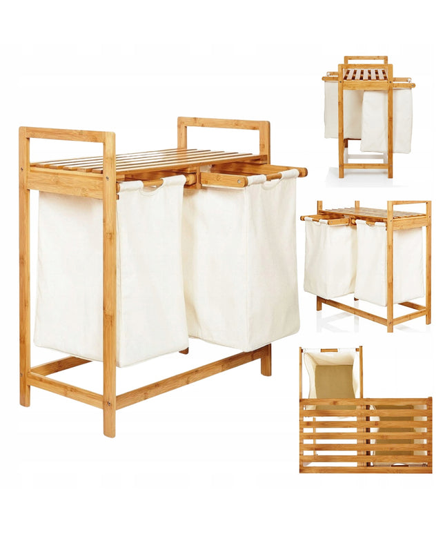 Bambukinė skalbinių dėžė su lentyna, dviejų skyrių, 73x64x33, smėlio spalvos