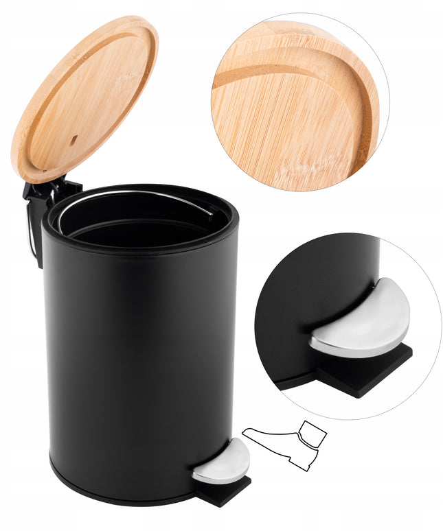 Mažas juodas vonios šiukšliadėžės kibiras su pedalu, loft stiliaus, bambuko YOKA