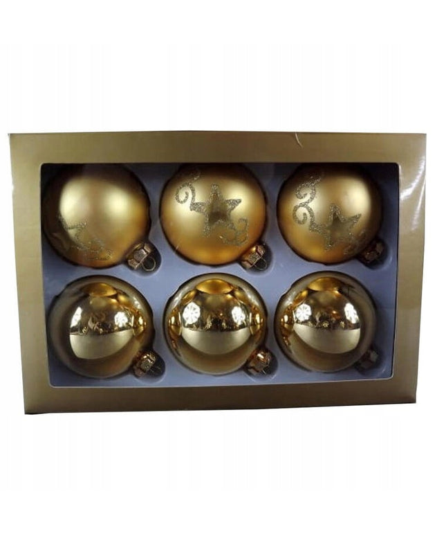 Rinkinys 6 auksinių stiklinių bombų 8 cm Kalėdinės dekoracijos papuošimui