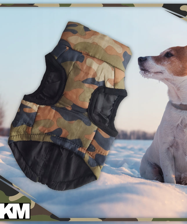 Šilta striukė-liemenė šunims ir katėms, drabužėlis žiemai su diržais, kamufliažinė žalia, S