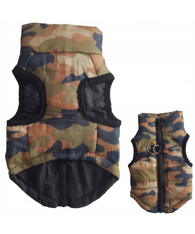 Šilta striukė-liemenė šunims ir katėms, drabužėlis žiemai su diržais, kamufliažinė žalia, S