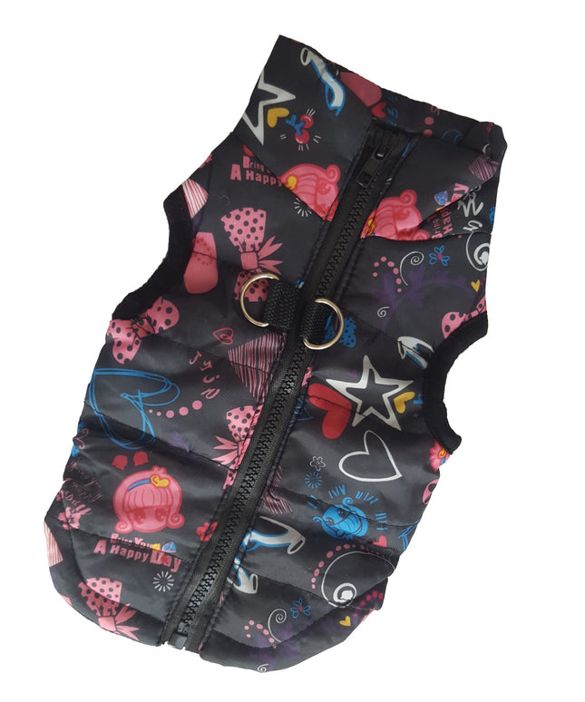 Šilta striukė/liemenė šuniui, katei, drabužis žiemai, juodos žvaigždutės, Dydis S