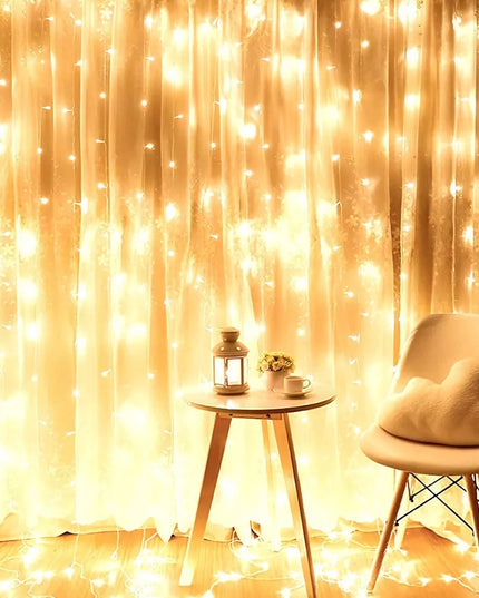 Šviečianti LED užuolaida, dekoratyvinė langams, šiltai baltos spalvos, 300 LED, 3x3m, su pulteliu