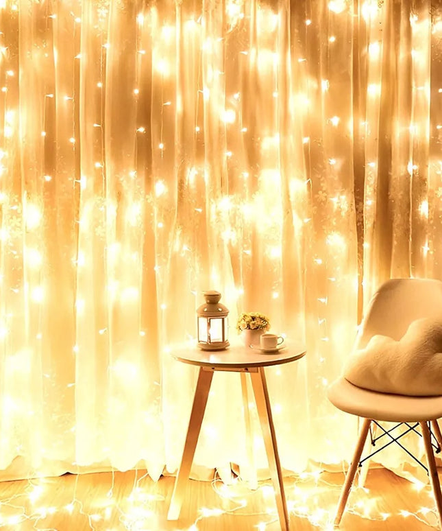 Šviečianti LED užuolaida, dekoratyvinė langams, šiltai baltos spalvos, 300 LED, 3x3m, su pulteliu