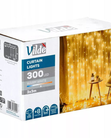Šviečianti LED užuolaida, dekoratyvinė langams, šiltai baltos spalvos, 300 LED, 3x3m, su pulteliu