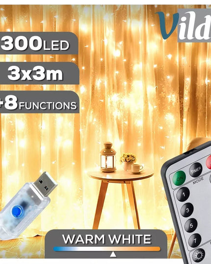 Šviečianti LED užuolaida, dekoratyvinė langams, šiltai baltos spalvos, 300 LED, 3x3m, su pulteliu