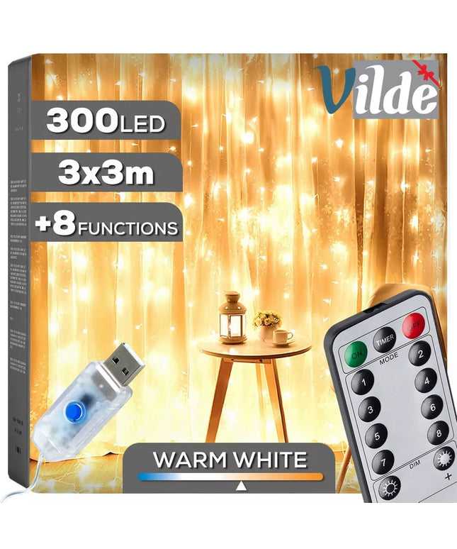 Šviečianti LED užuolaida, dekoratyvinė langams, šiltai baltos spalvos, 300 LED, 3x3m, su pulteliu