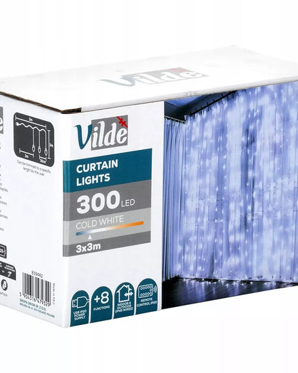Dekoratyvinė šviesos užuolaida 300 LED, šaltai balta, 3x3m, su pulteliu