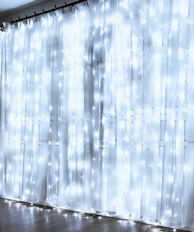 Dekoratyvinė šviesos užuolaida 300 LED, šaltai balta, 3x3m, su pulteliu