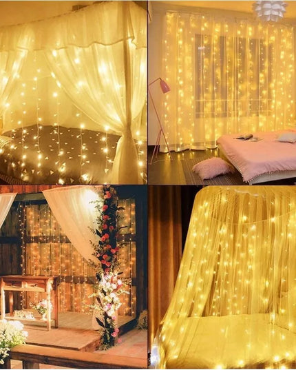 Kalėdinė LED užuolaida 3x2m 200 mikro LED lempučių USB, nuotolinio valdymo pultelis, kabliukai, šiltai balta