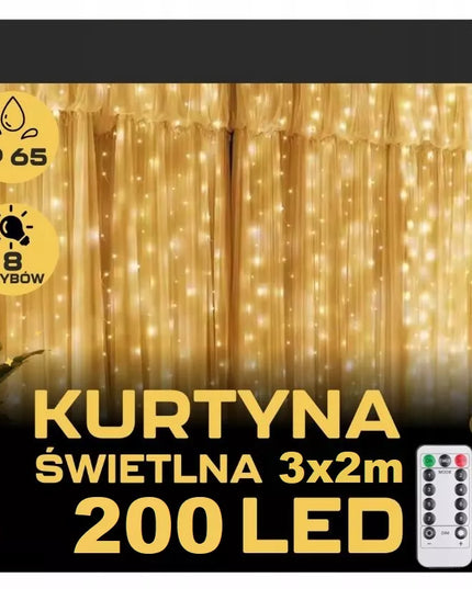Kalėdinė LED užuolaida 3x2m 200 mikro LED lempučių USB, nuotolinio valdymo pultelis, kabliukai, šiltai balta
