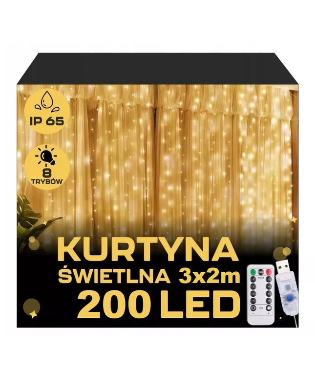 Kalėdinė LED užuolaida 3x2m 200 mikro LED lempučių USB, nuotolinio valdymo pultelis, kabliukai, šiltai balta