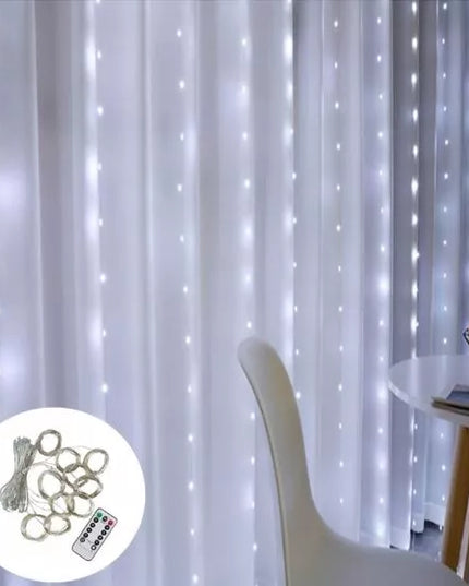 Kalėdinė LED užuolaida 3x2m 200 mikro lempučių, USB jungtis, nuotolinio valdymo pultas, kabliukai, šaltai balta spalva