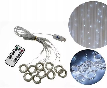 Kalėdinė LED užuolaida 3x2m 200 mikro LED lempučių USB, nuotolinio valdymo pultelis, kabliukai, šaltai balta