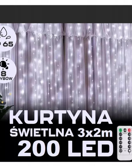Kalėdinė LED užuolaida 3x2m 200 mikro LED lempučių USB, nuotolinio valdymo pultelis, kabliukai, šaltai balta
